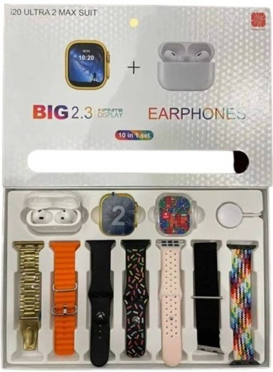 I20 Smartwatch Combo: Bluetooth Calling, Health Monitoring, Android & iOS Support – 10-in-1 Set (Watch, TWS Buds, Case, 7 Multi Straps) for Men & Women (BUY 1 GET 1 FREE)